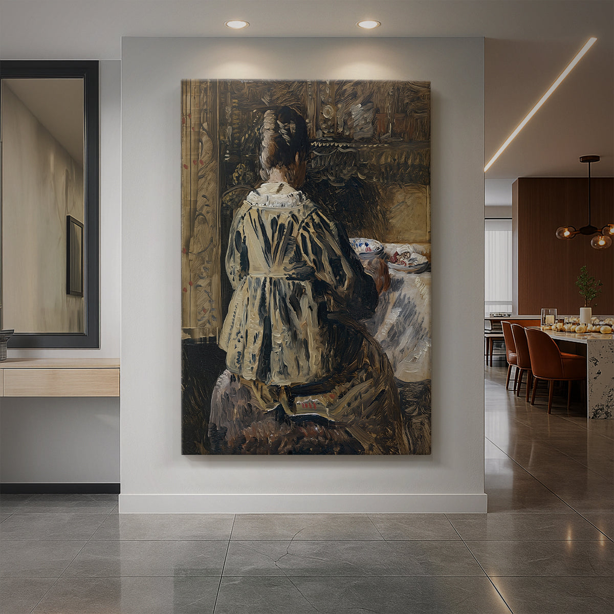 Canvas art print of a realistic interior scene of figures gathered around a table in warm light displayed as a statement piece in a spacious interior.