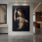 Canvas art print of a Renaissance portrait of a figure emerging from shadow with soft light displayed as a statement piece in a spacious interior.