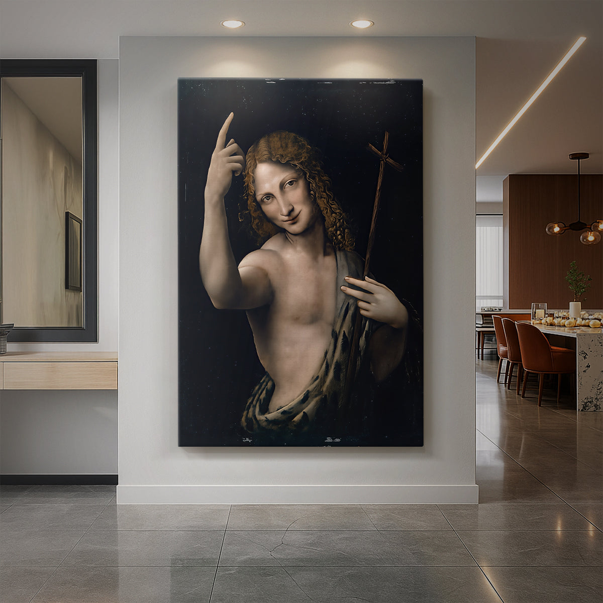 Canvas art print of a Renaissance portrait of a figure emerging from shadow with soft light displayed as a statement piece in a spacious interior.