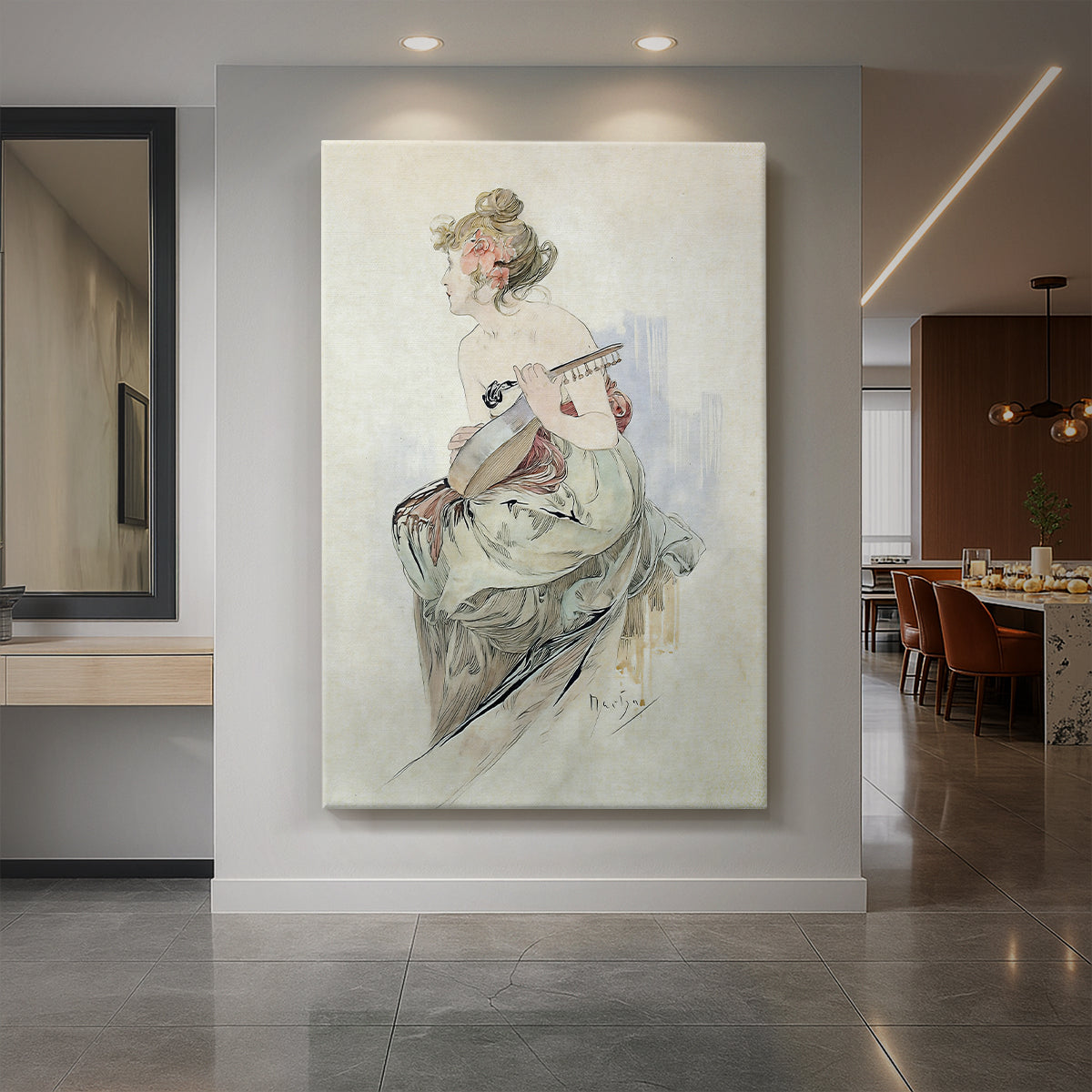 Canvas art print of an Art Nouveau frontispiece illustration with a female figure and ornate framing displayed as a statement piece in a spacious interior.