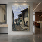 Canvas art print of a rural street scene in Dardagny, Switzerland with cottages and villagers displayed as a statement piece in a spacious interior.