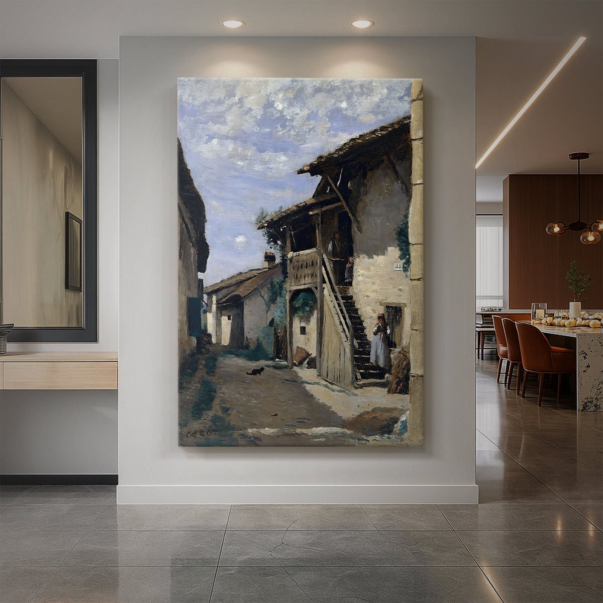 Canvas art print of a rural street scene in Dardagny, Switzerland with cottages and villagers displayed as a statement piece in a spacious interior.