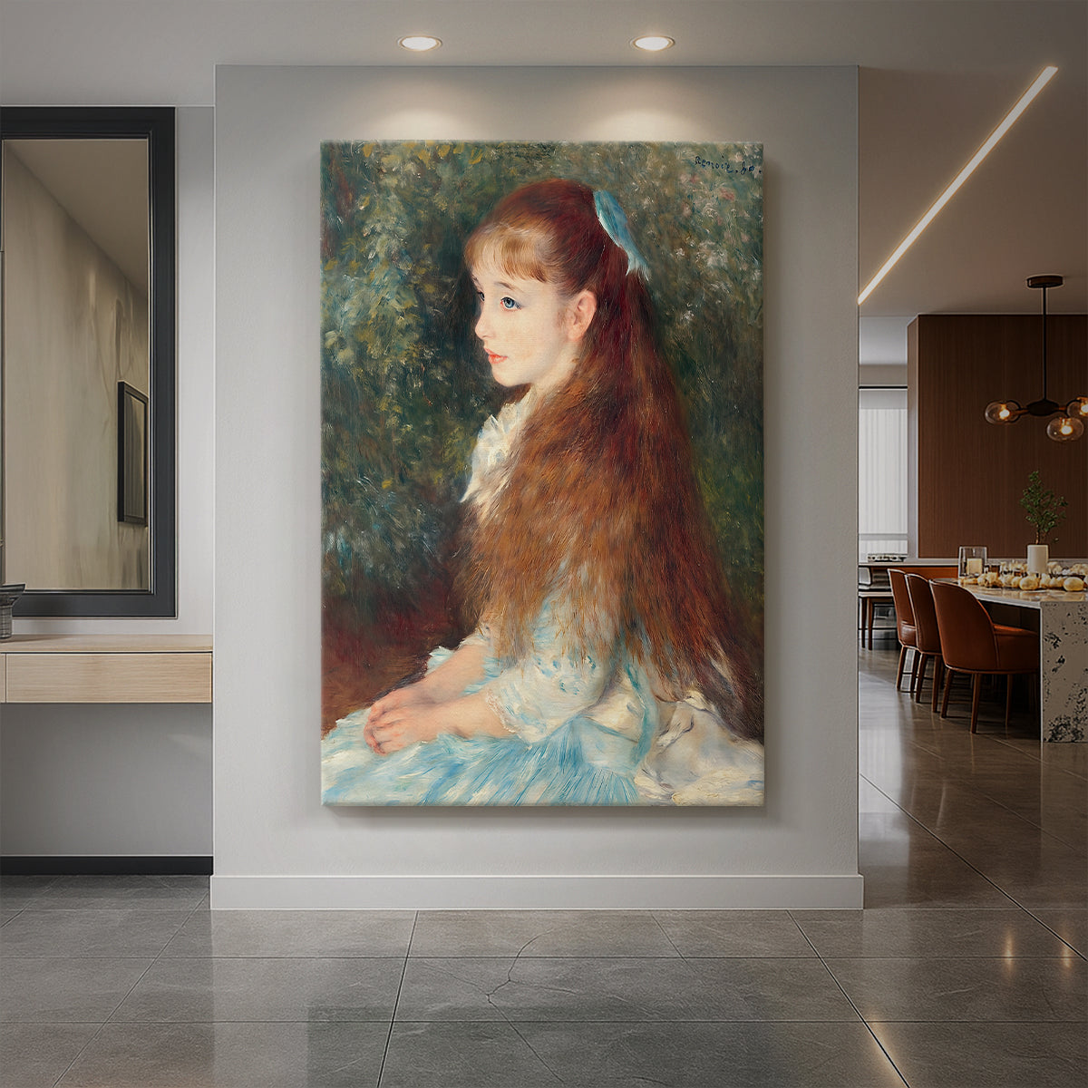 Canvas art print of an impressionist portrait of a young girl with soft tones and refined detail displayed as a statement piece in a spacious interior.