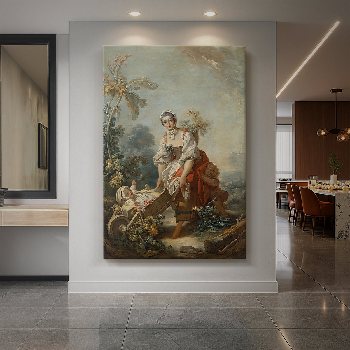 Canvas art print of a Rococo scene of a mother with her child in a warm domestic setting displayed as a statement piece in a spacious interior.
