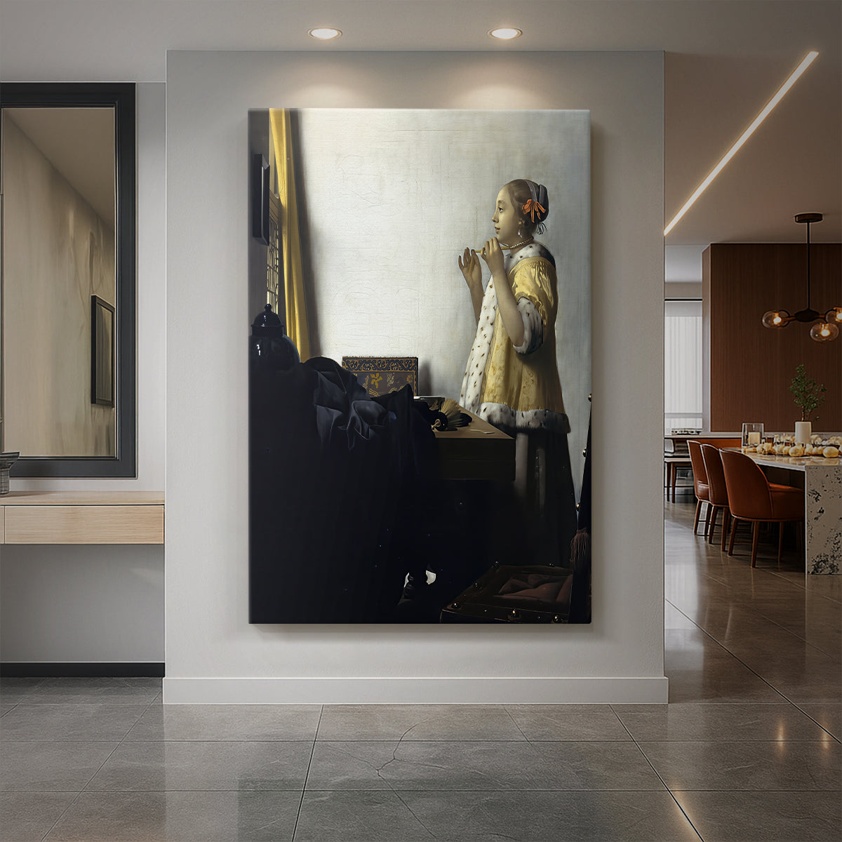 Canvas art print of a Baroque portrait of a woman adjusting a pearl necklace in soft light displayed as a statement piece in a spacious interior.