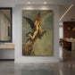 Canvas art print of a symbolic scene of a figure with a mythical creature in a dark setting displayed as a statement piece in a spacious interior.