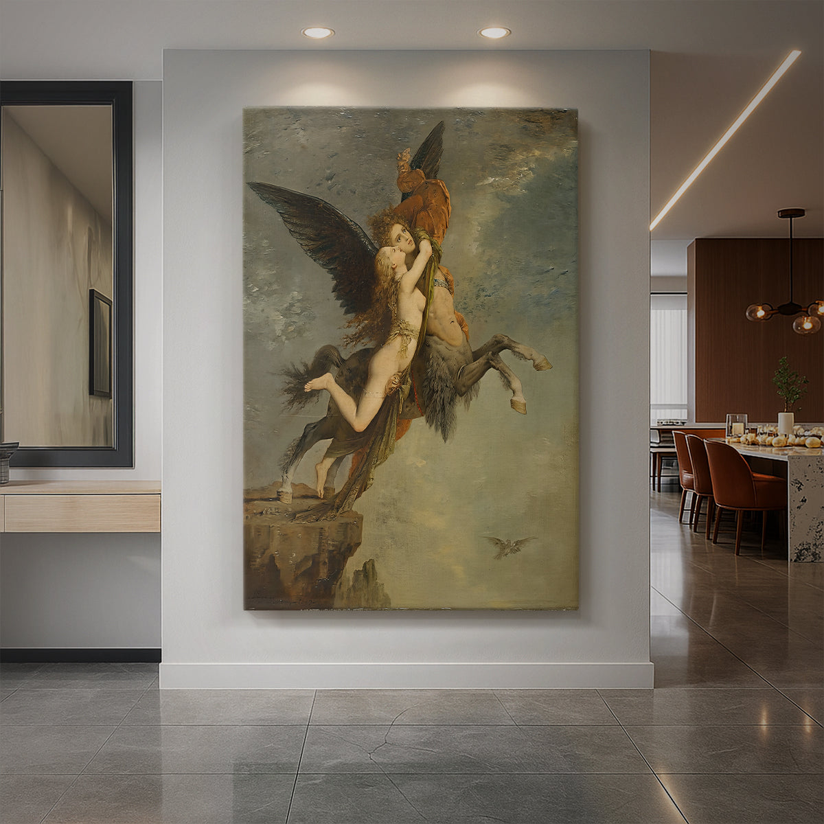 Canvas art print of a symbolic scene of a figure with a mythical creature in a dark setting displayed as a statement piece in a spacious interior.