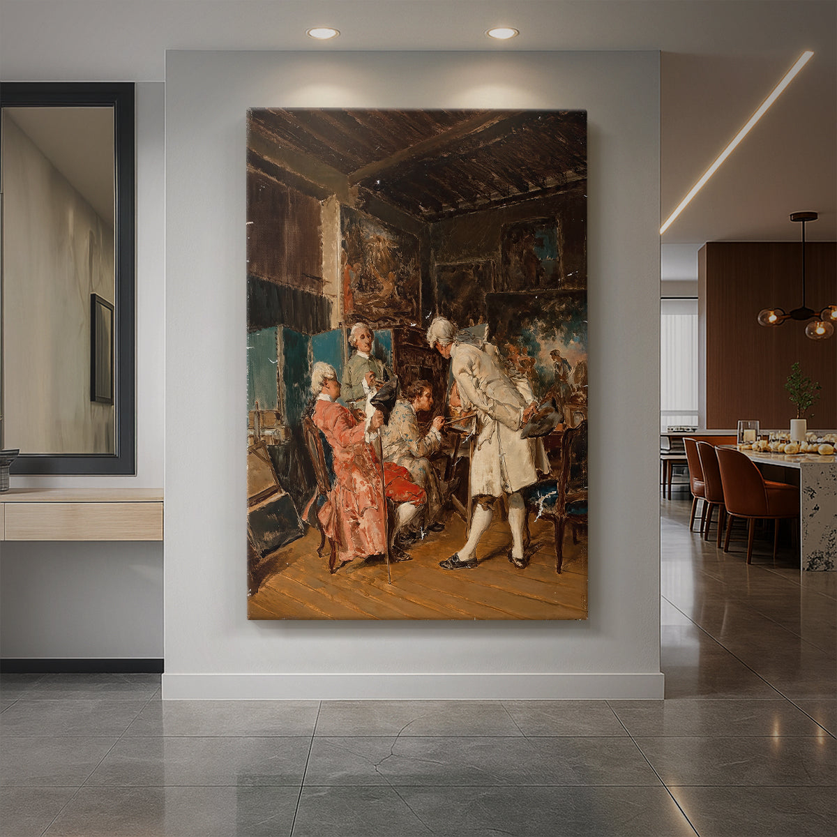 Canvas art print of a realistic interior scene of figures examining paintings in a refined setting displayed as a statement piece in a spacious interior.