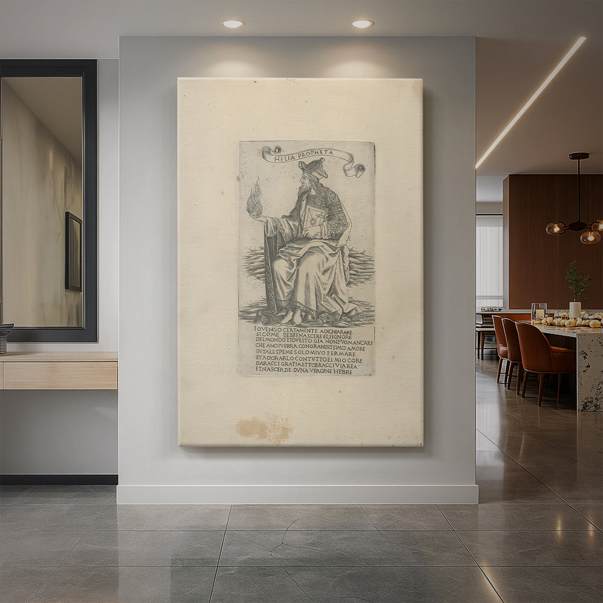 Canvas art print of a monochrome engraving of a prophet figure with detailed contours and text displayed as a statement piece in a spacious interior.