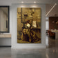 Canvas art print of a realistic interior of a woman painting in the artist's studio displayed as a statement piece in a spacious interior.