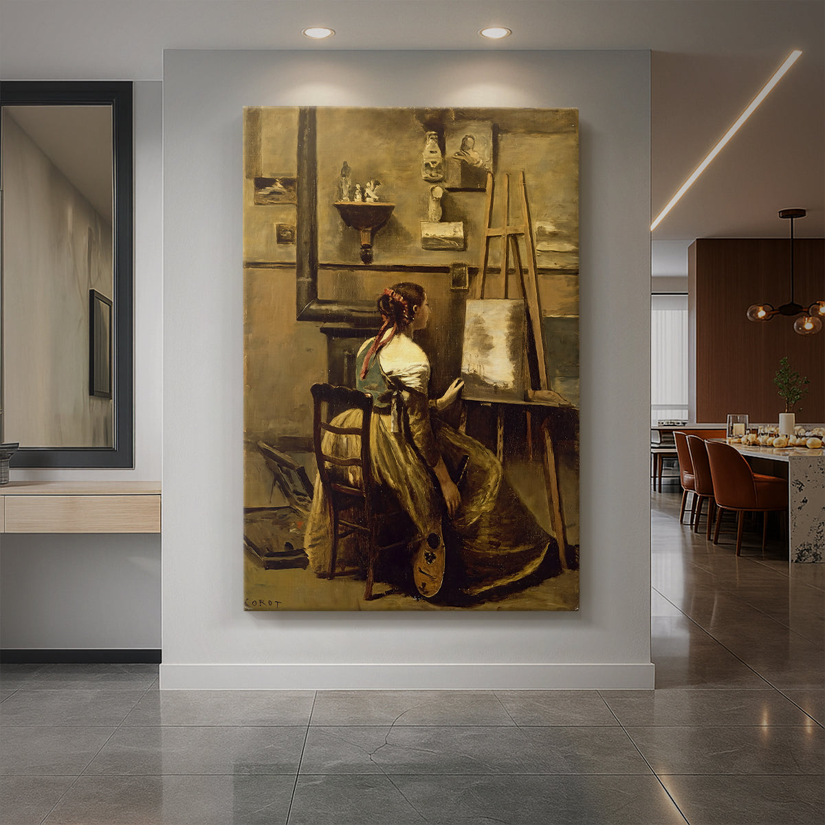 Canvas art print of a realistic interior of a woman painting in the artist's studio displayed as a statement piece in a spacious interior.