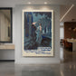 Canvas art print of an Art Nouveau poster of a woman in ornate dress with decorative framing displayed as a statement piece in a spacious interior.