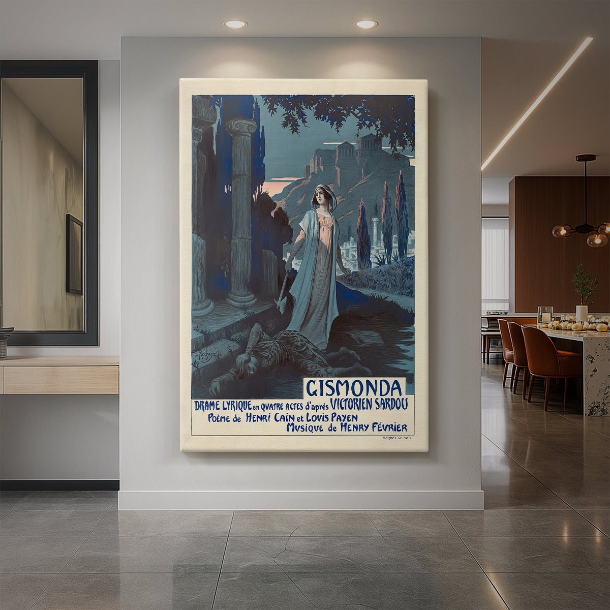 Canvas art print of an Art Nouveau poster of a woman in ornate dress with decorative framing displayed as a statement piece in a spacious interior.