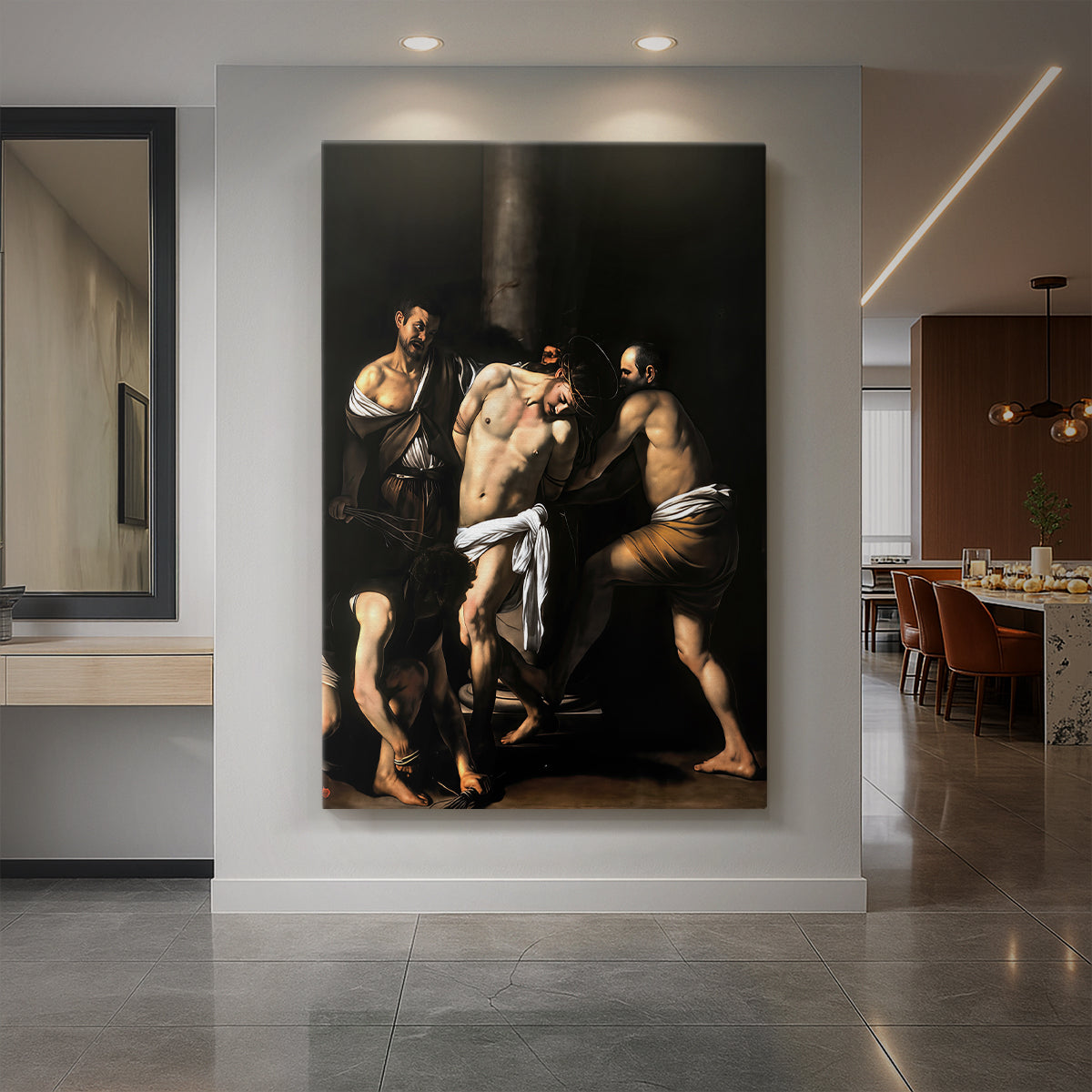 Canvas art print of a Baroque scene of Christ bound and surrounded by figures in dramatic light displayed as a statement piece in a spacious interior.