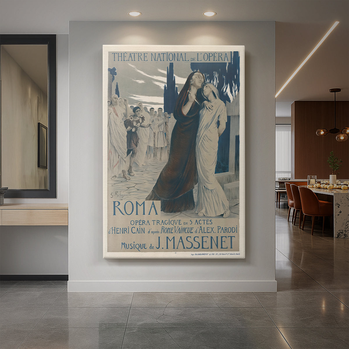 Canvas art print of an Art Nouveau poster with figures and architectural elements in soft tones displayed as a statement piece in a spacious interior.