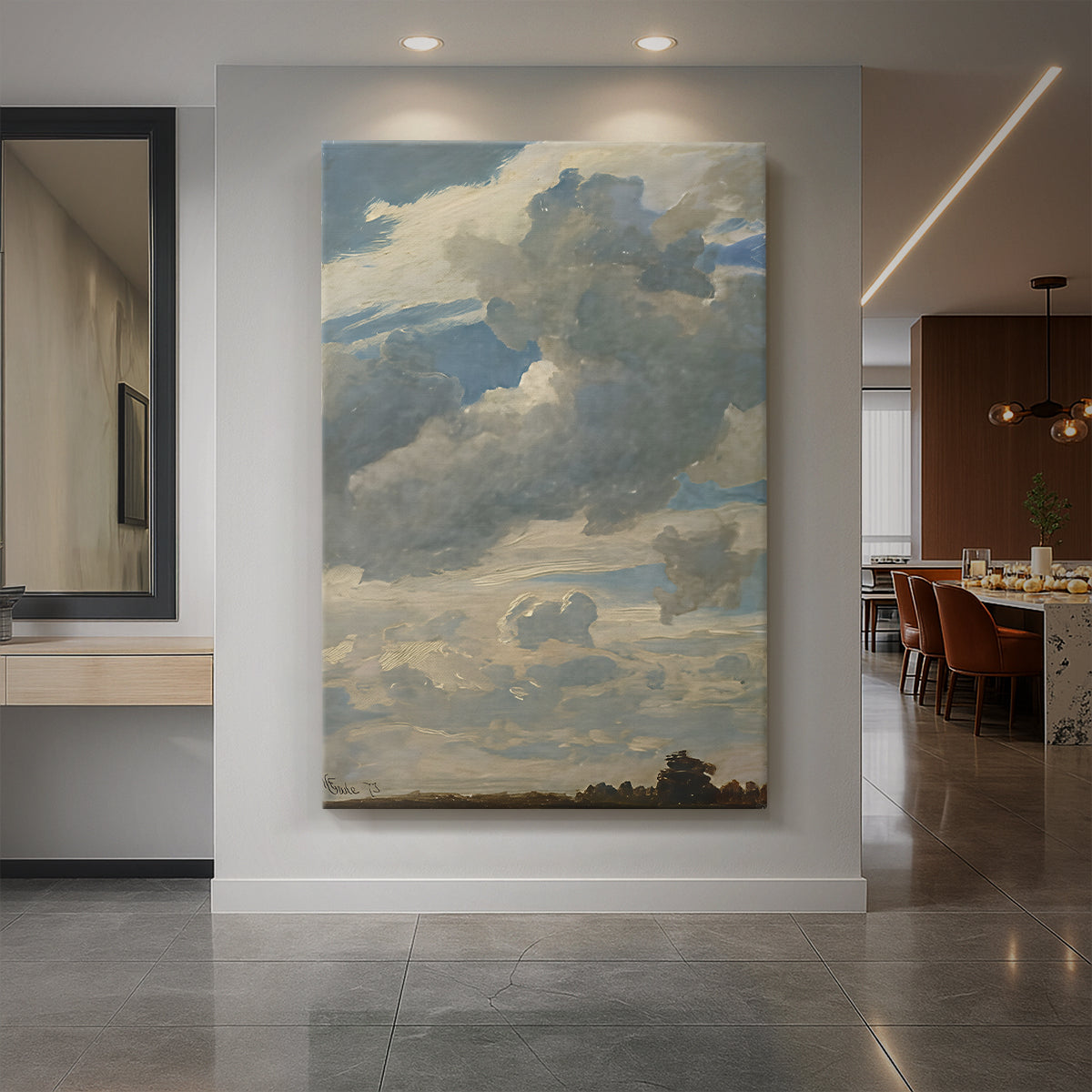 Canvas art print of a Romantic landscape study of sky and clouds with soft atmospheric tones displayed as a statement piece in a spacious interior.