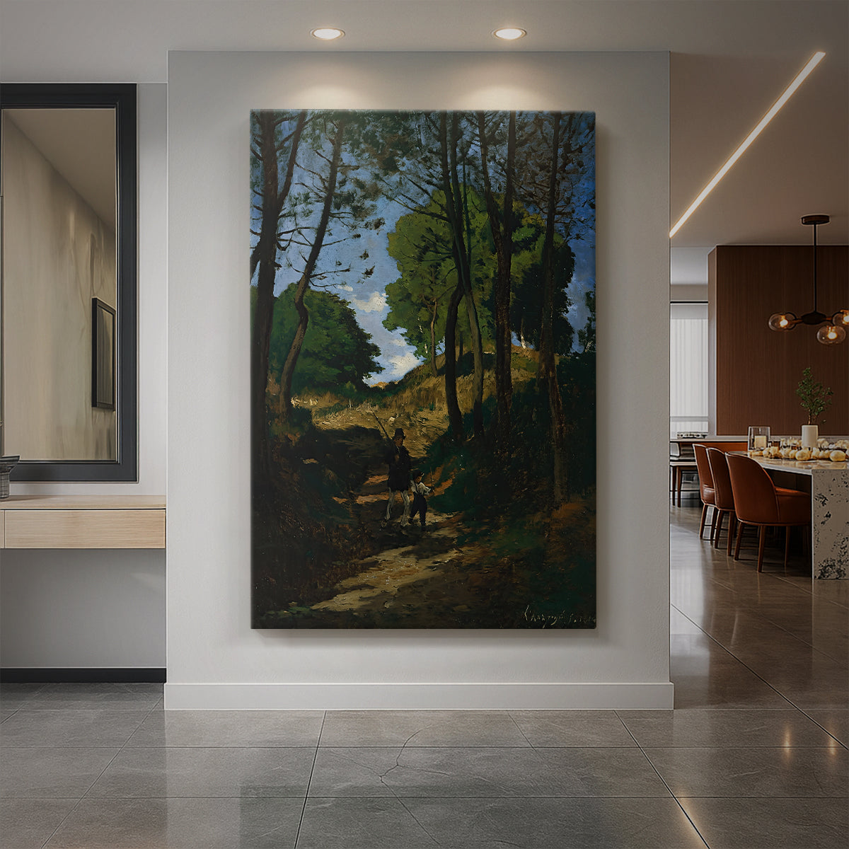 Canvas art print of a realistic landscape of tall fir trees with soft natural light displayed as a statement piece in a spacious interior.