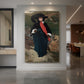 Canvas art print of a classical portrait of a woman in elegant dress with soft refined lighting displayed as a statement piece in a spacious interior.