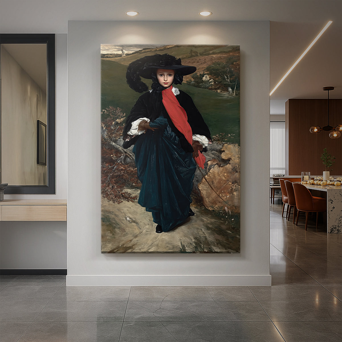 Canvas art print of a classical portrait of a woman in elegant dress with soft refined lighting displayed as a statement piece in a spacious interior.