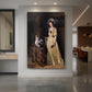 Canvas art print of a Rococo scene of a woman holding a white cat in a softly lit interior displayed as a statement piece in a spacious interior.