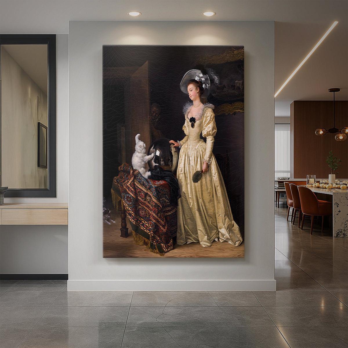 Canvas art print of a Rococo scene of a woman holding a white cat in a softly lit interior displayed as a statement piece in a spacious interior.