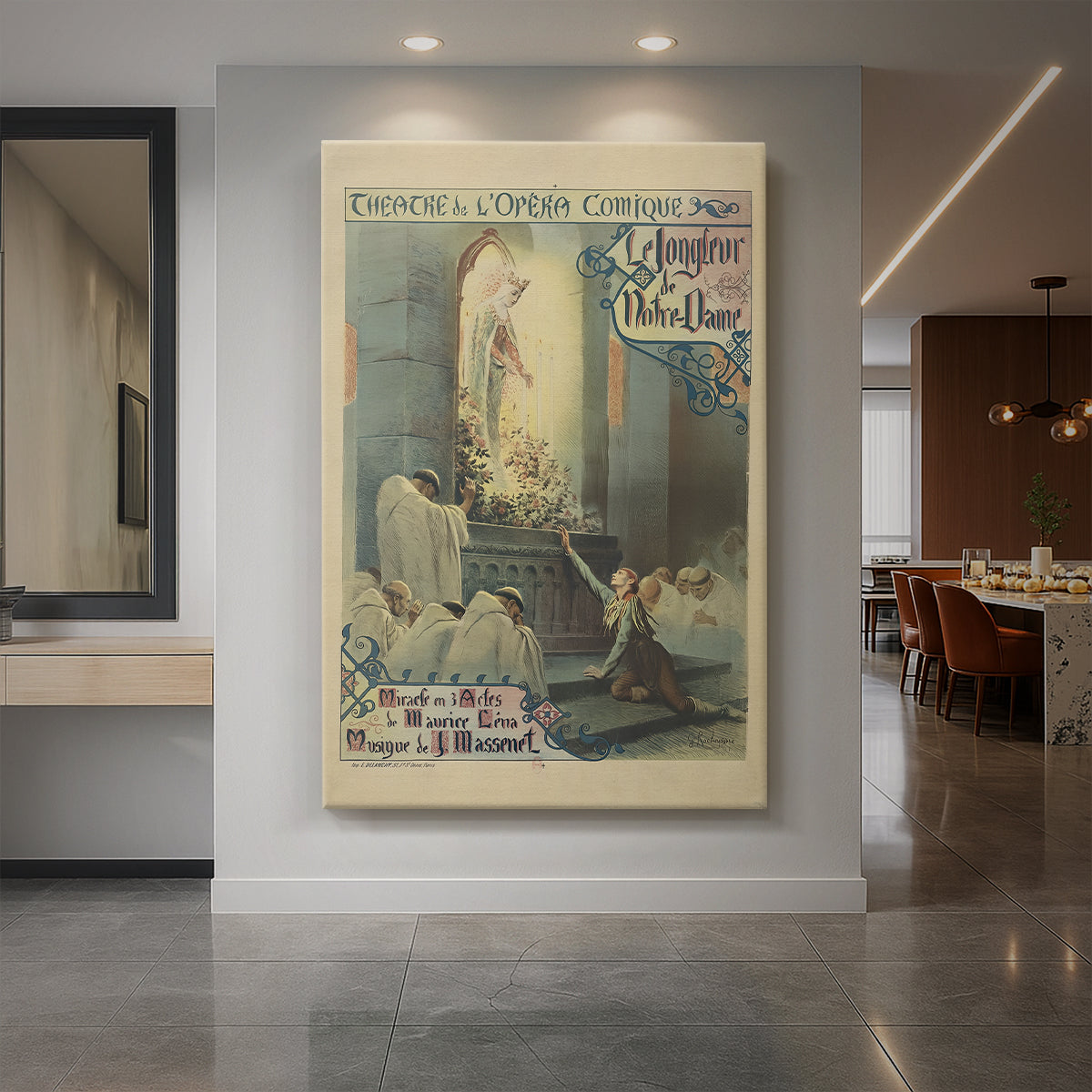 Canvas art print of an Art Nouveau poster with a central figure and ornate decorative framing displayed as a statement piece in a spacious interior.