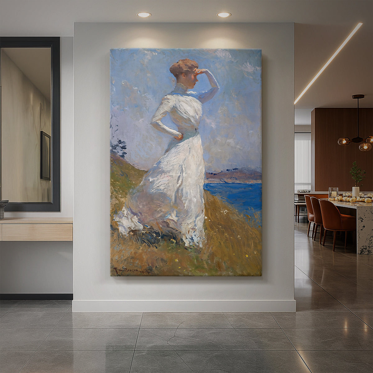 Canvas art print of an impressionist portrait of a woman in white bathed in soft sunlight displayed as a statement piece in a spacious interior.