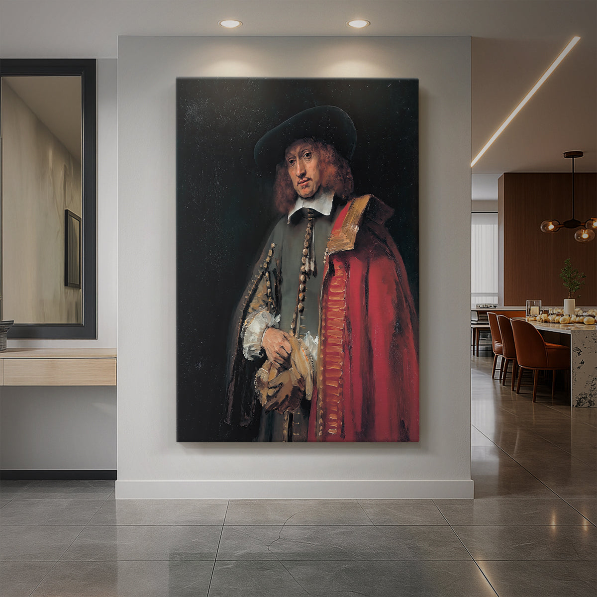 Canvas art print of a Baroque portrait of a standing man in dark attire with rich tones displayed as a statement piece in a spacious interior.