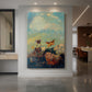 Canvas art print of a symbolic scene of butterflies drifting in a soft, atmospheric background displayed as a statement piece in a spacious interior.