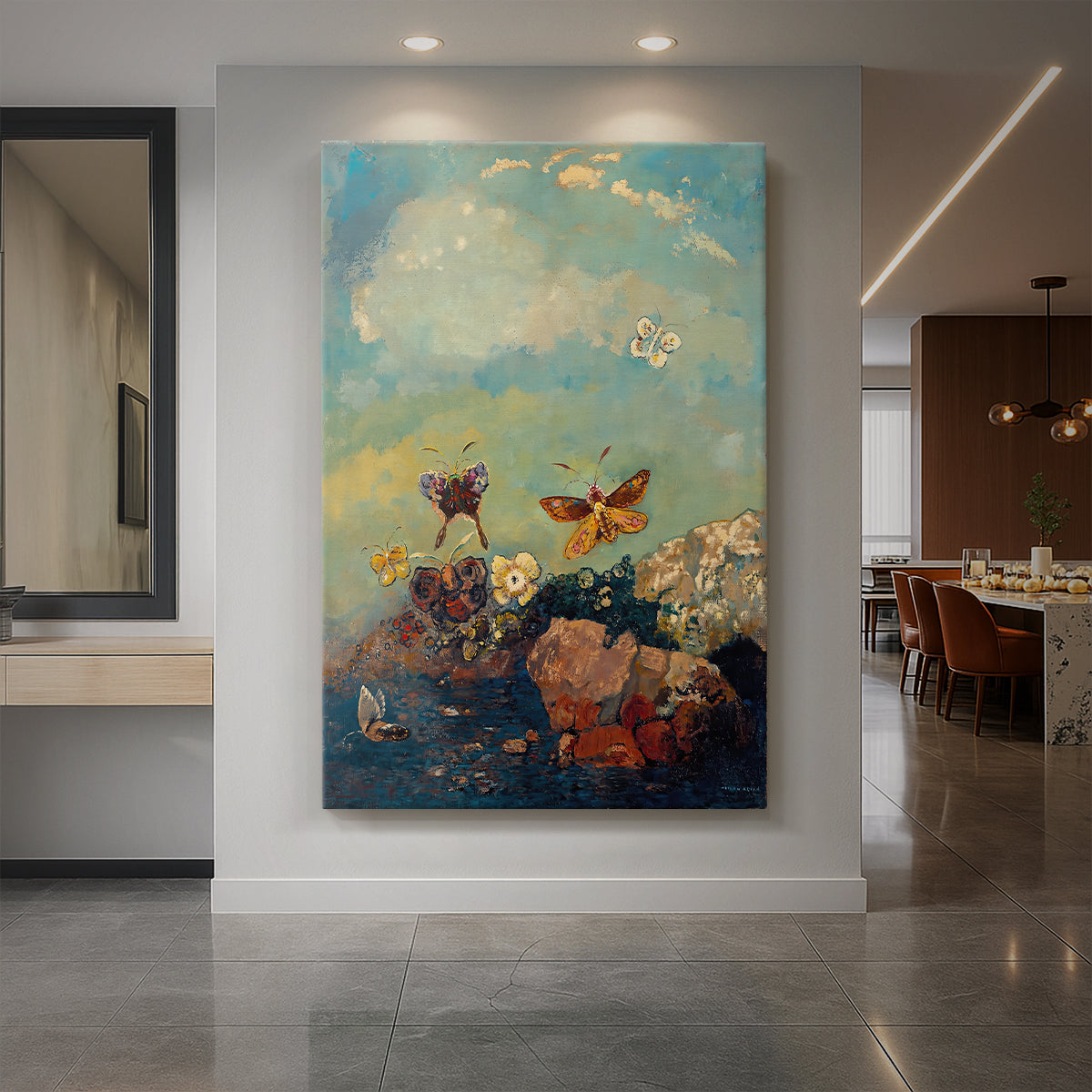 Canvas art print of a symbolic scene of butterflies drifting in a soft, atmospheric background displayed as a statement piece in a spacious interior.