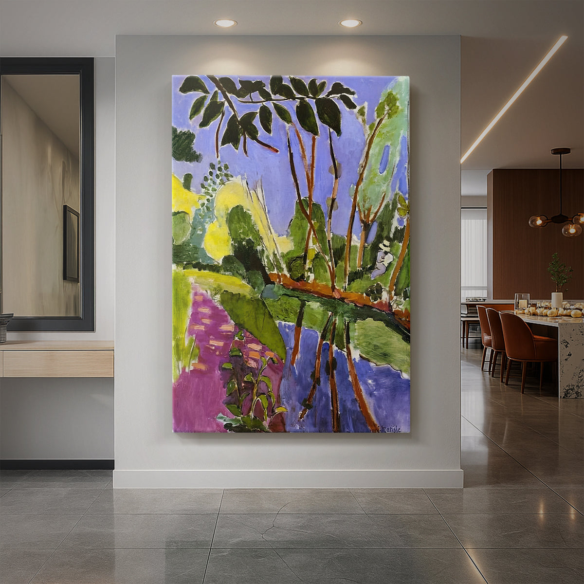 Canvas art print of a fauvist landscape of a riverbank with trees and bold natural colors displayed as a statement piece in a spacious interior.