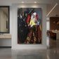Canvas art print of a Baroque interior scene of figures gathered in a dimly lit setting displayed as a statement piece in a spacious interior.