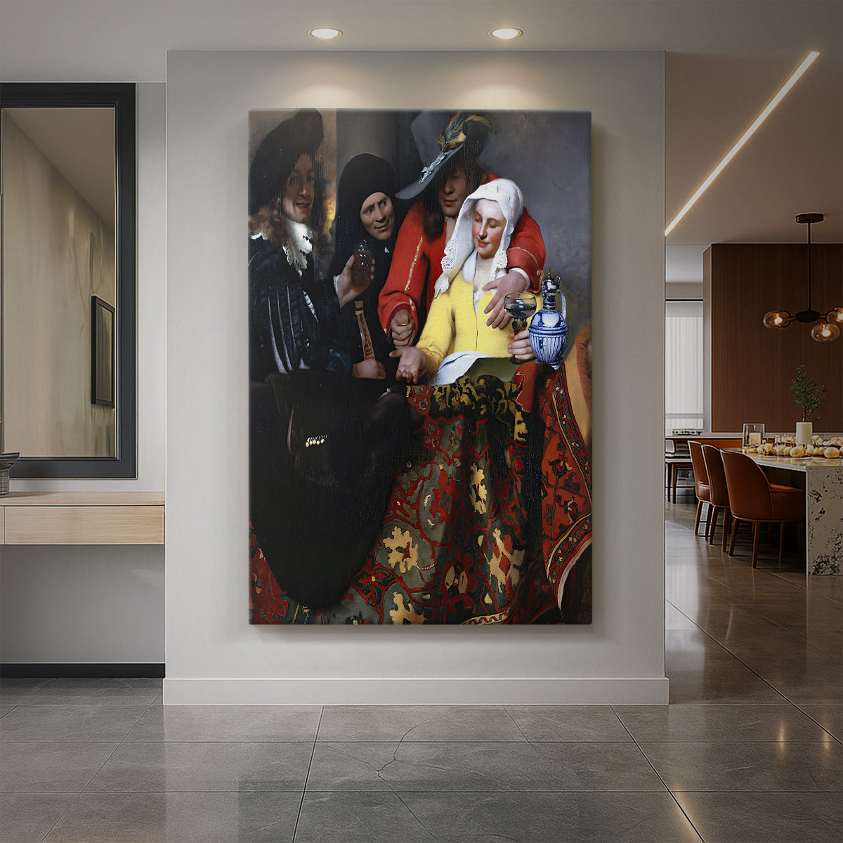 Canvas art print of a Baroque interior scene of figures gathered in a dimly lit setting displayed as a statement piece in a spacious interior.
