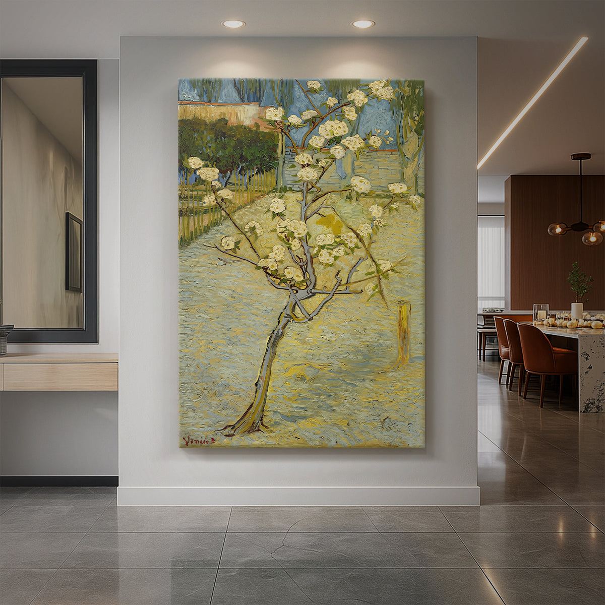 Canvas art print of an expressive scene of a flowering tree with light tones and textured strokes displayed as a statement piece in a spacious interior.