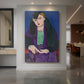 Canvas art print of a fauvist portrait of a woman in a bluish-purple coat with strong color contrast displayed as a statement piece in a spacious interior.