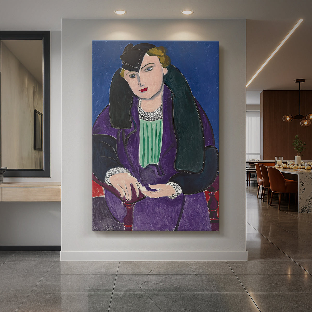 Canvas art print of a fauvist portrait of a woman in a bluish-purple coat with strong color contrast displayed as a statement piece in a spacious interior.