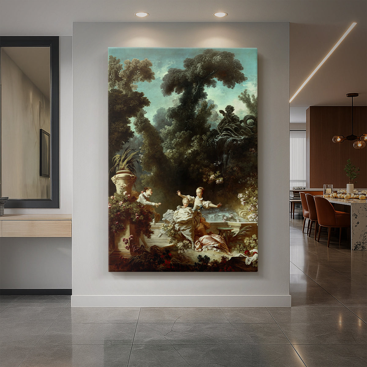 Canvas art print of a Rococo garden scene of a man with a rose running after a woman displayed as a statement piece in a spacious interior.