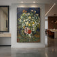 Canvas art print of an expressive still life of flowers in a vase with bold brushwork displayed as a statement piece in a spacious interior.