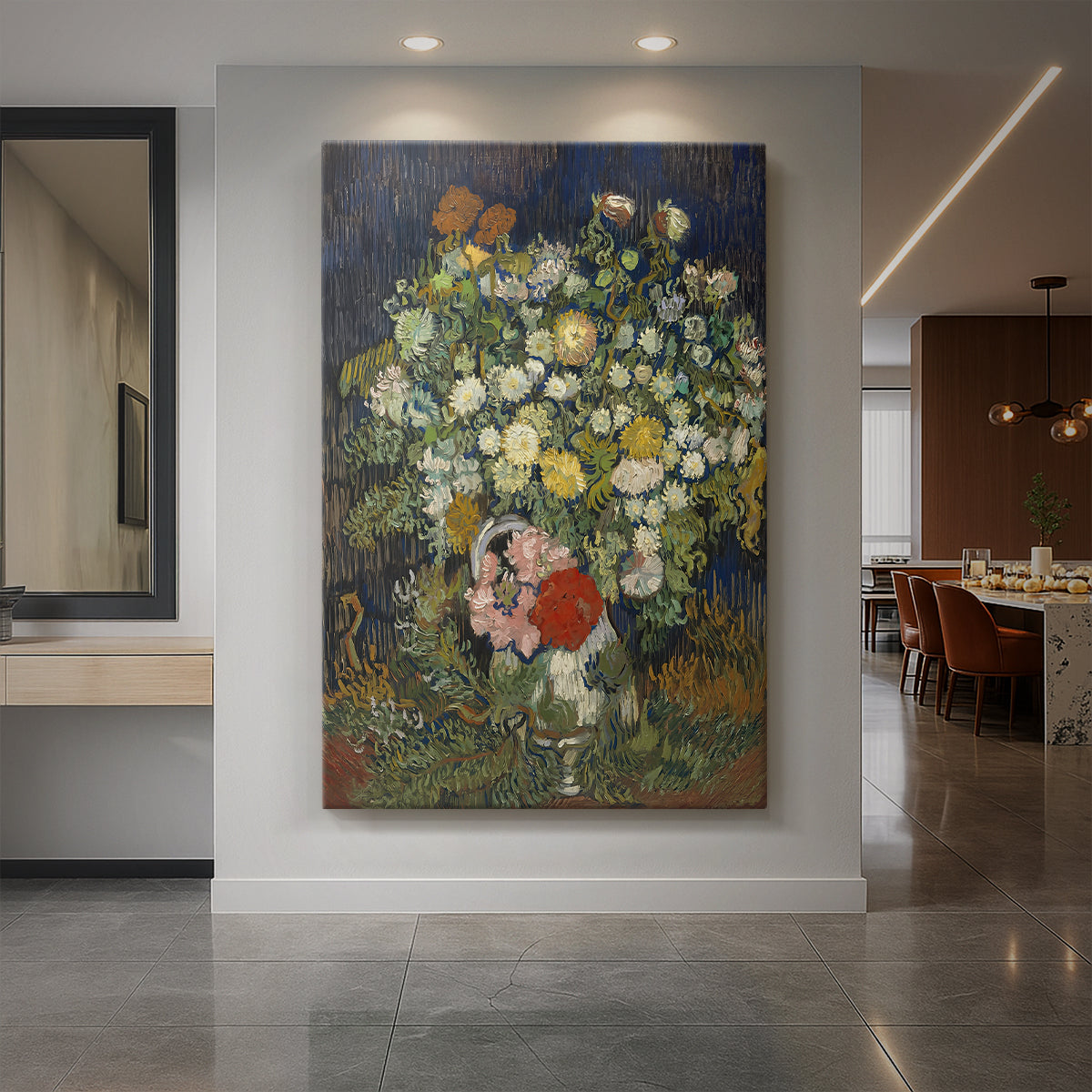 Canvas art print of an expressive still life of flowers in a vase with bold brushwork displayed as a statement piece in a spacious interior.