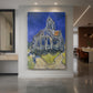 Canvas art print of an expressive landscape of a church with swirling lines and vivid color displayed as a statement piece in a spacious interior.