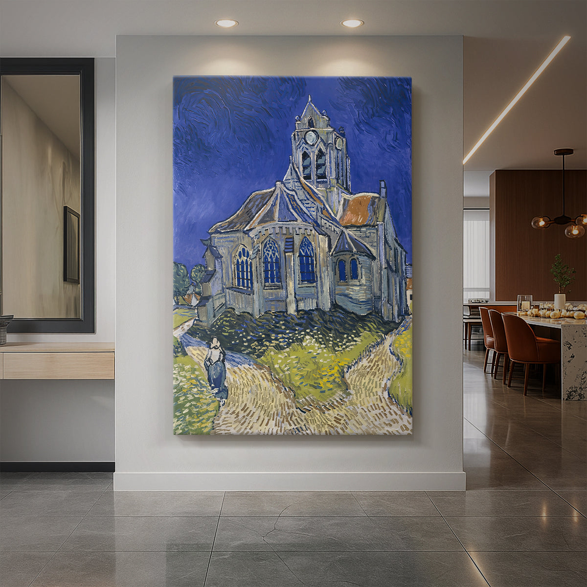 Canvas art print of an expressive landscape of a church with swirling lines and vivid color displayed as a statement piece in a spacious interior.