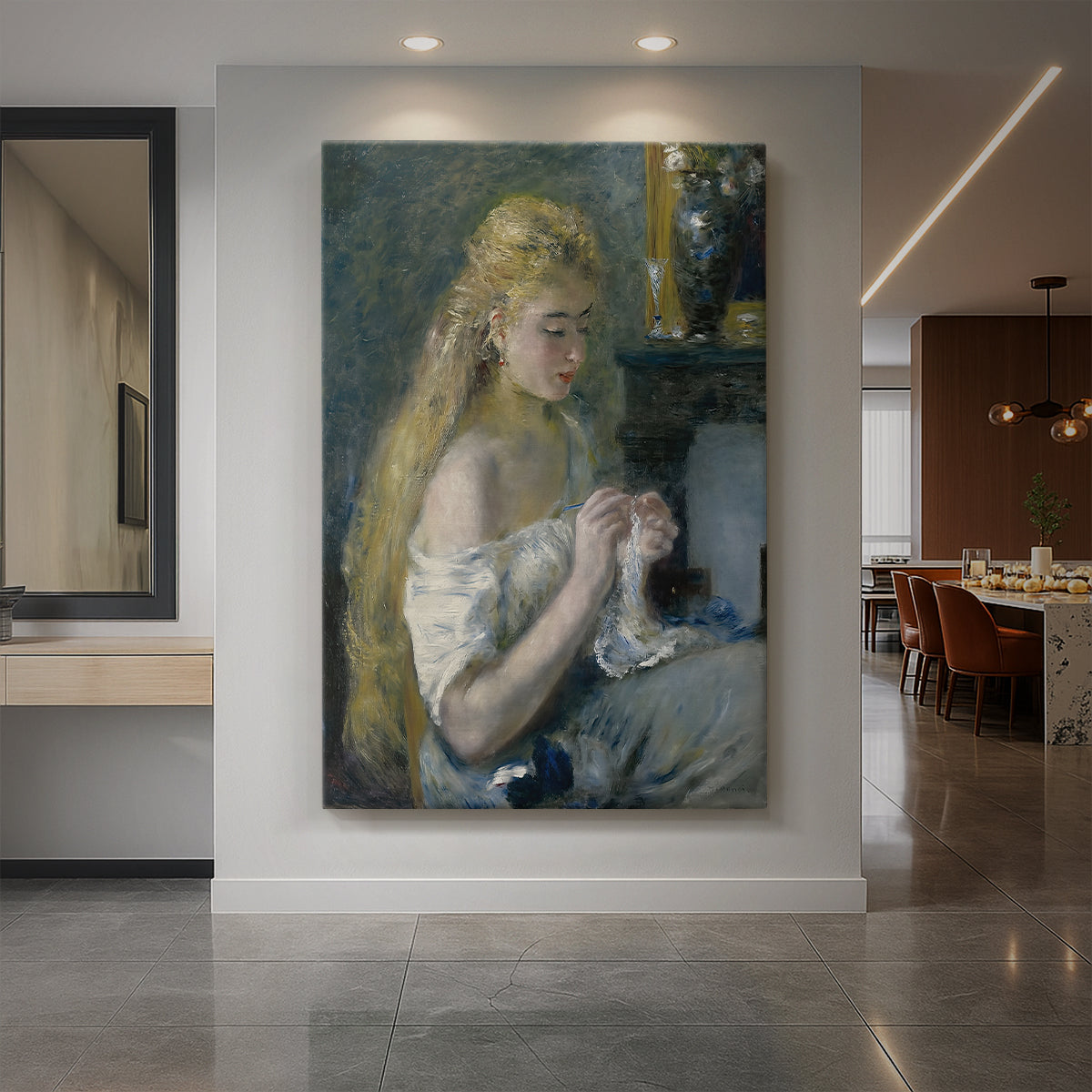 Canvas art print of an impressionist portrait of a woman crocheting in a quiet interior setting displayed as a statement piece in a spacious interior.