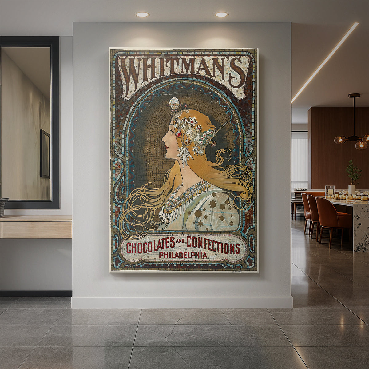 Canvas art print of an Art Nouveau poster of a woman with ornate details and confectionery advertisement text displayed as a statement piece in a spacious interior.