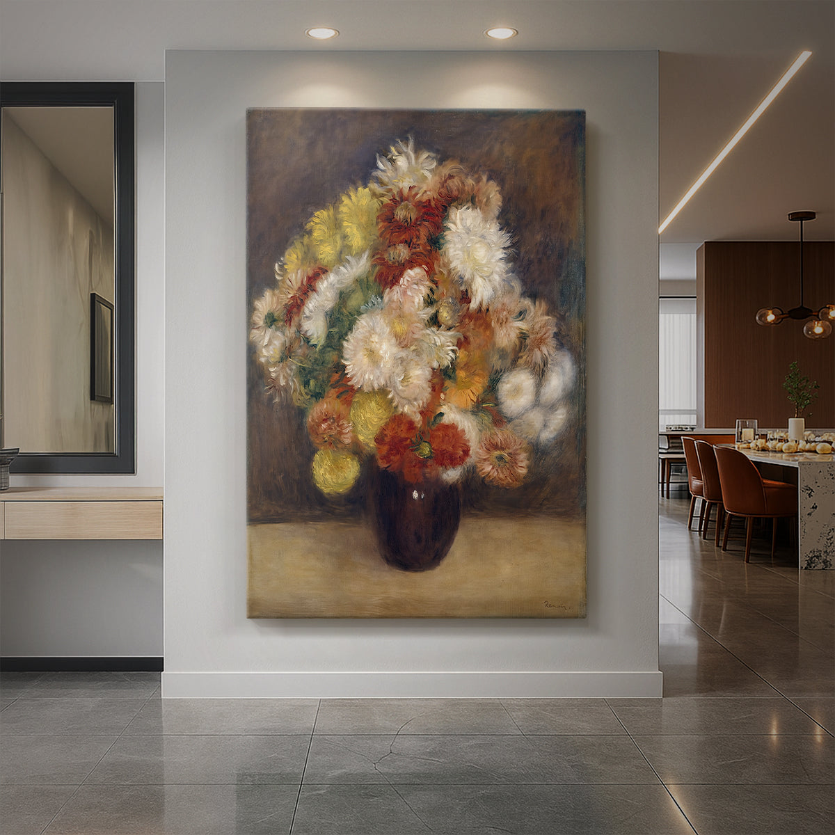 Canvas art print of an impressionist still life of chrysanthemums with vibrant layered colors displayed as a statement piece in a spacious interior.