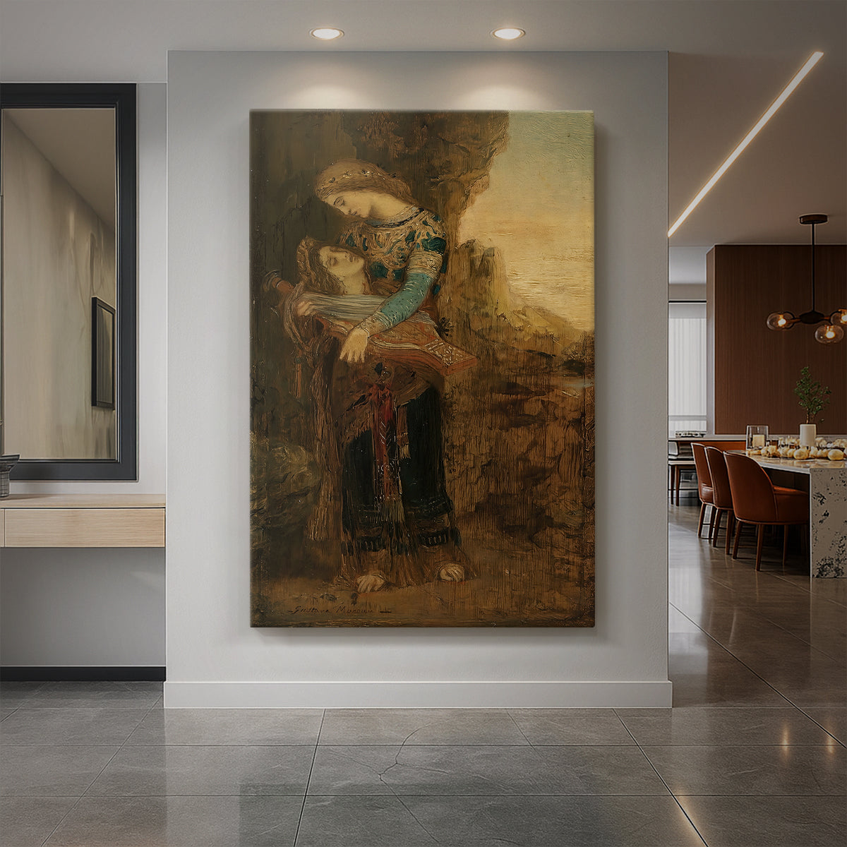 Canvas art print of a symbolic scene of a female figure holding the head of Orpheus in soft light displayed as a statement piece in a spacious interior.