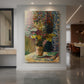 Canvas art print of a fauvist still life of flowers in a vase with bright layered color displayed as a statement piece in a spacious interior.