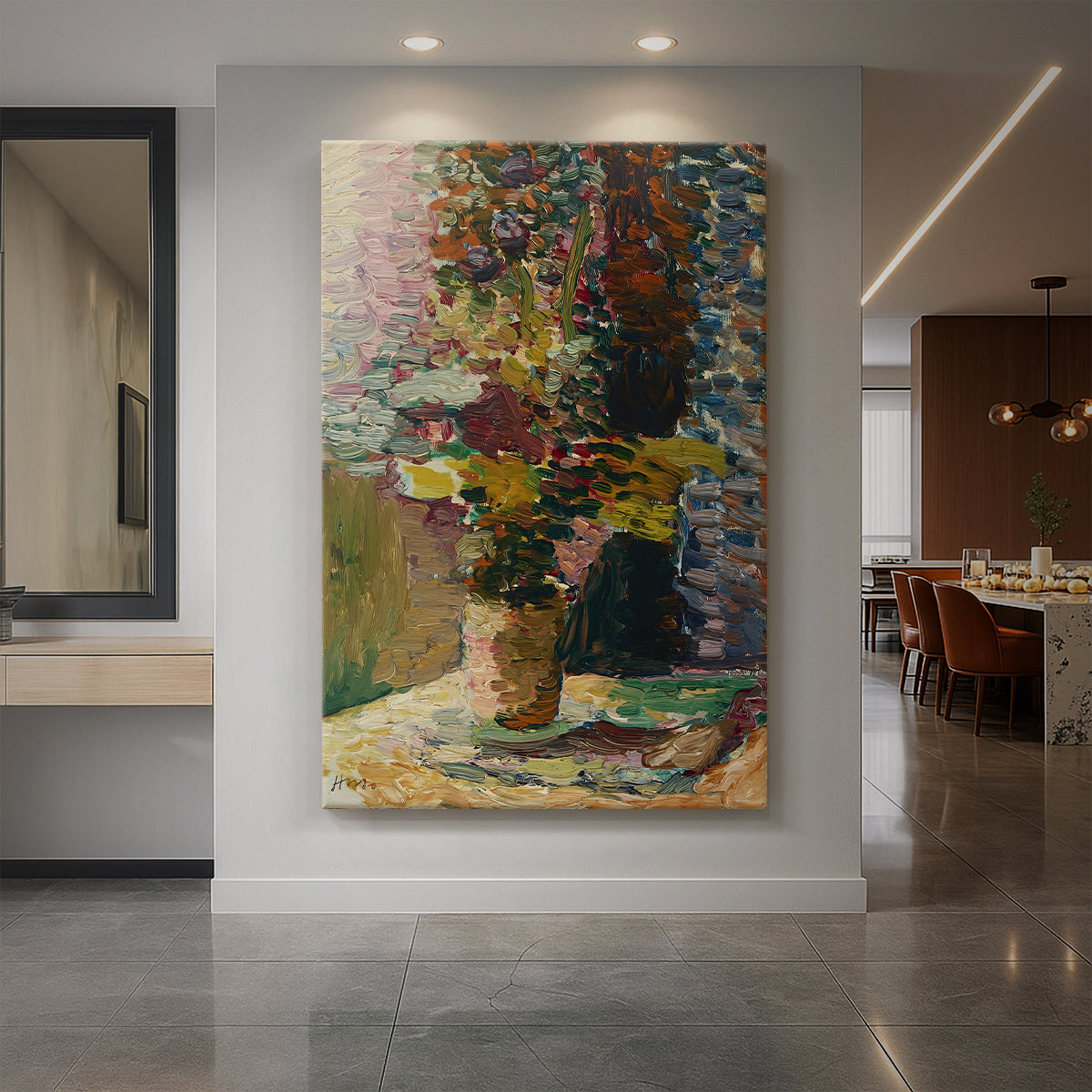 Canvas art print of a fauvist still life of flowers in a vase with bright layered color displayed as a statement piece in a spacious interior.