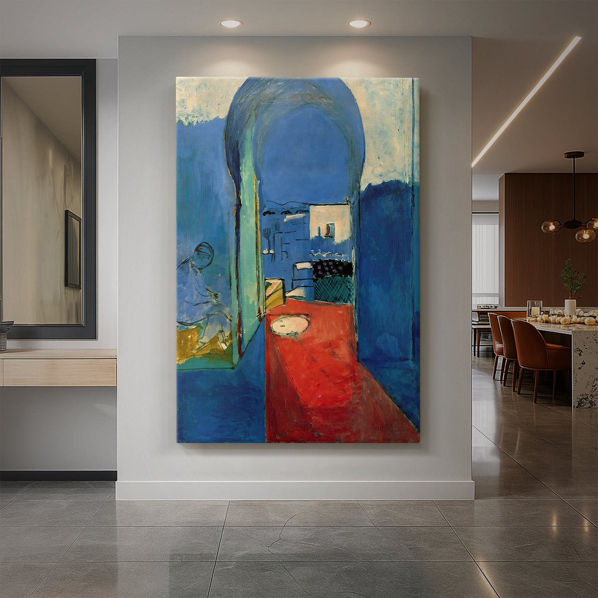Canvas art print of a fauvist architectural scene of a doorway with bold color and simple forms displayed as a statement piece in a spacious interior.