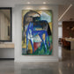 Canvas art print of an expressionist scene of two blue donkeys in a stylized landscape displayed as a statement piece in a spacious interior.