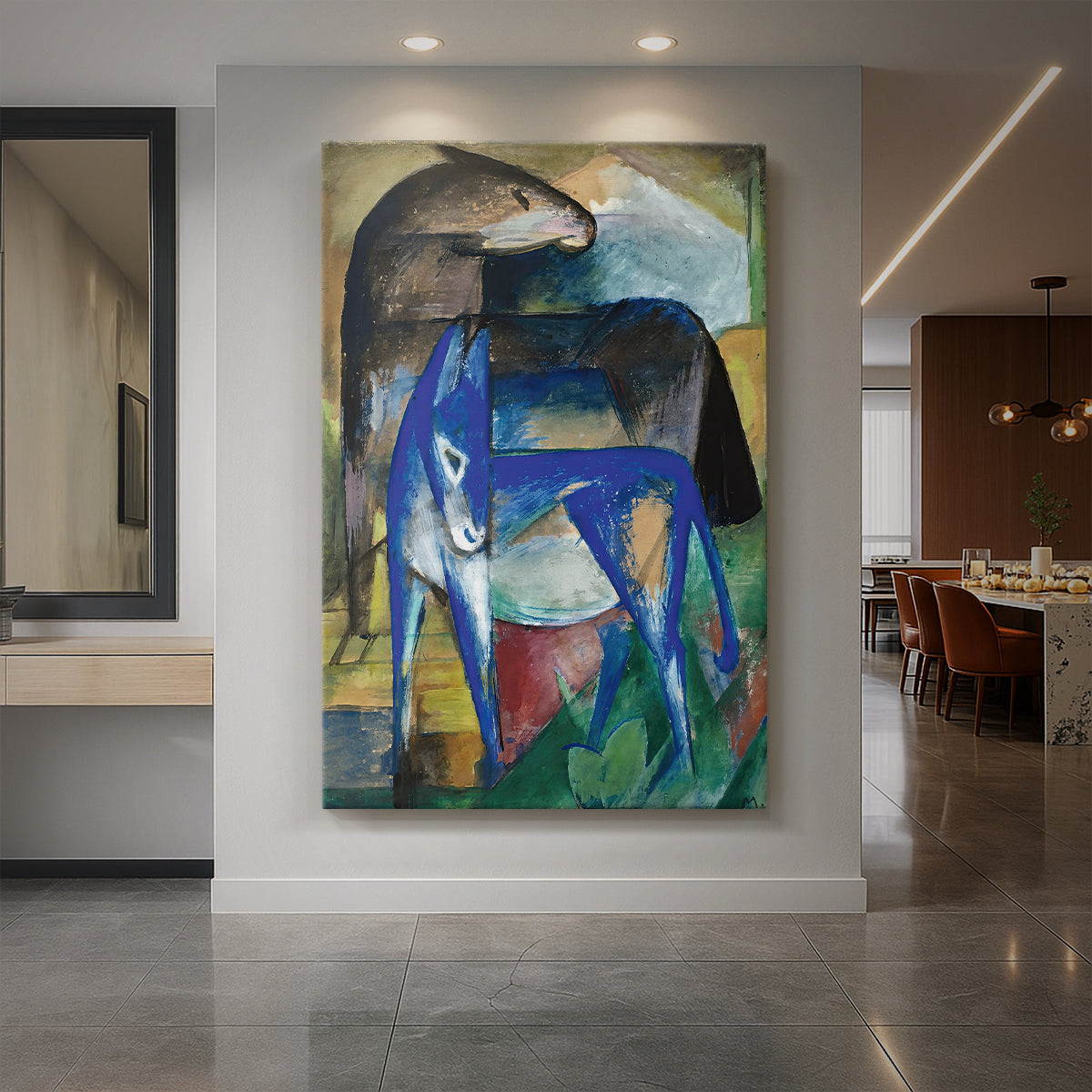 Canvas art print of an expressionist scene of two blue donkeys in a stylized landscape displayed as a statement piece in a spacious interior.